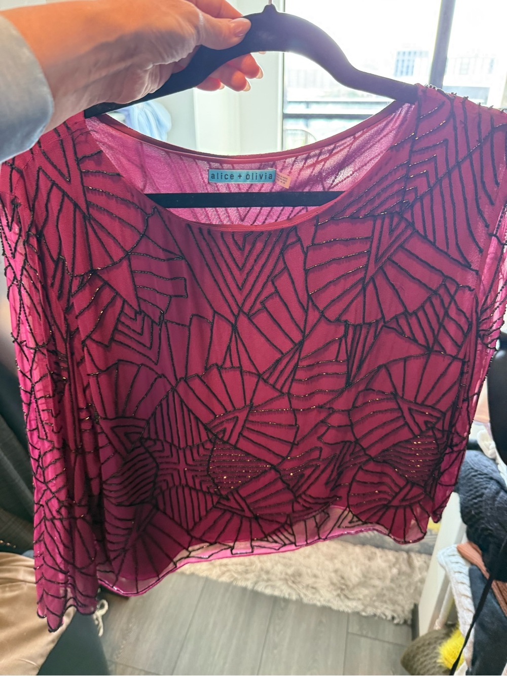 Alice + Olivia Magenta Beaded Mesh Crop Top